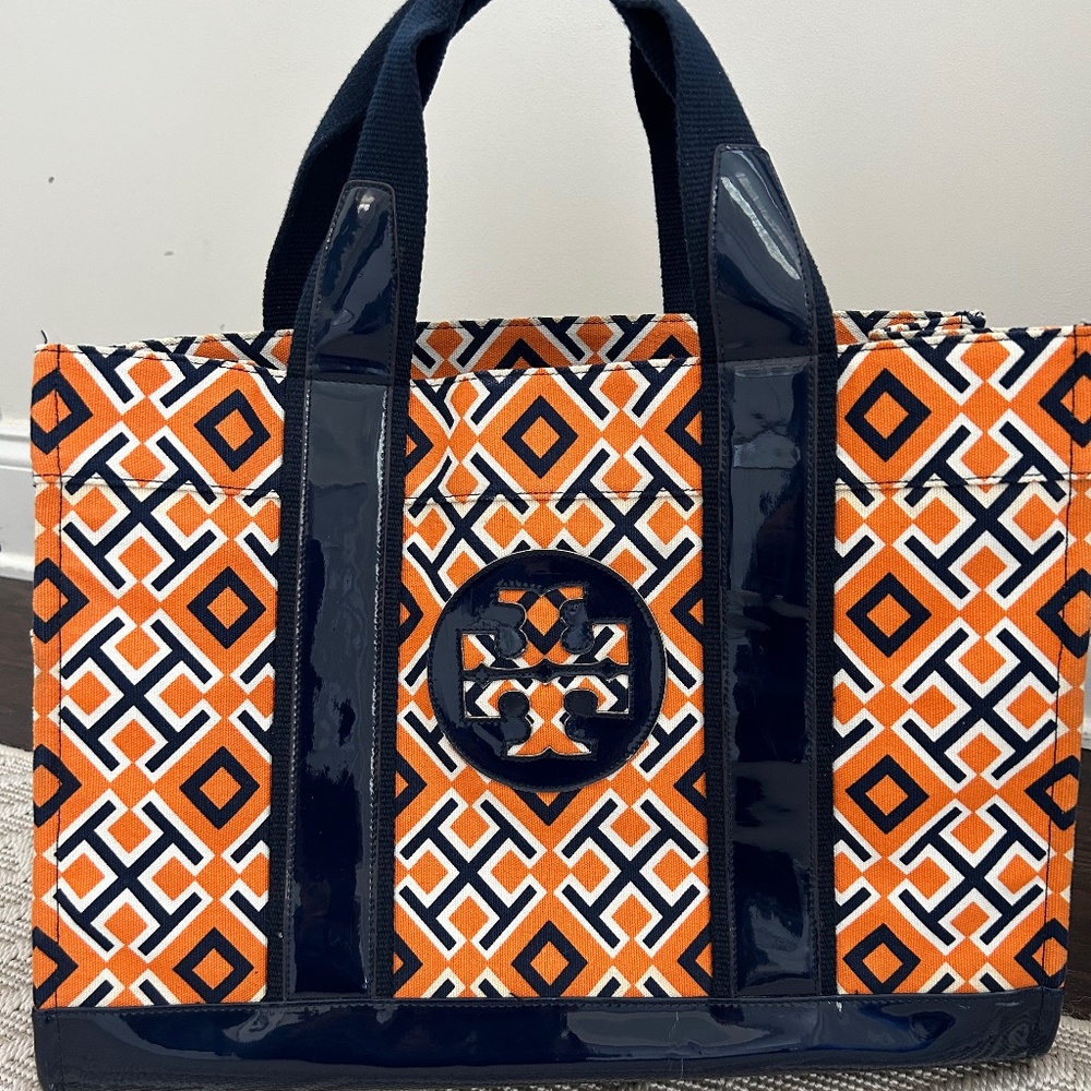 TORY BURCH  PRINTED GEOMETRIC CANVAS TOTE , ORANGE, WHITE AND NAVY